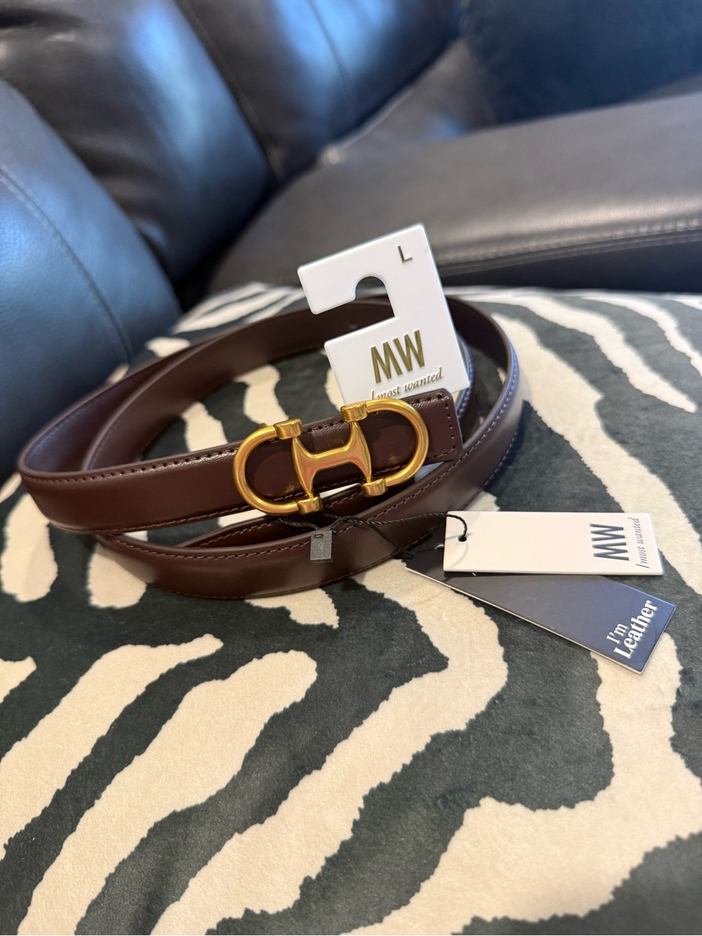 MW Brown Leather Belt with Gold Double Ring Buckle NWT